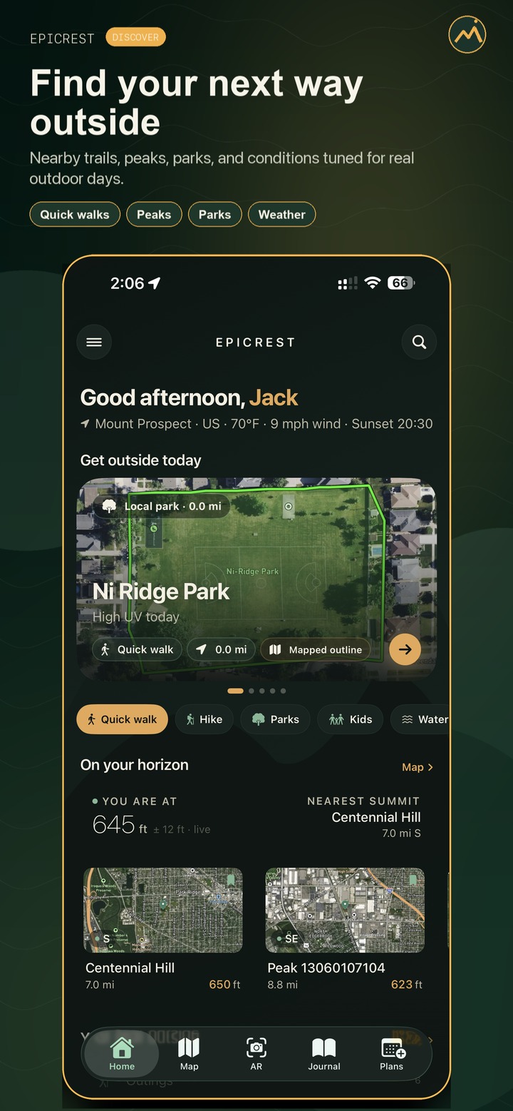 Epicrest Get Outside Today home screen recommending nearby parks, trails, peaks, lakes, and routes