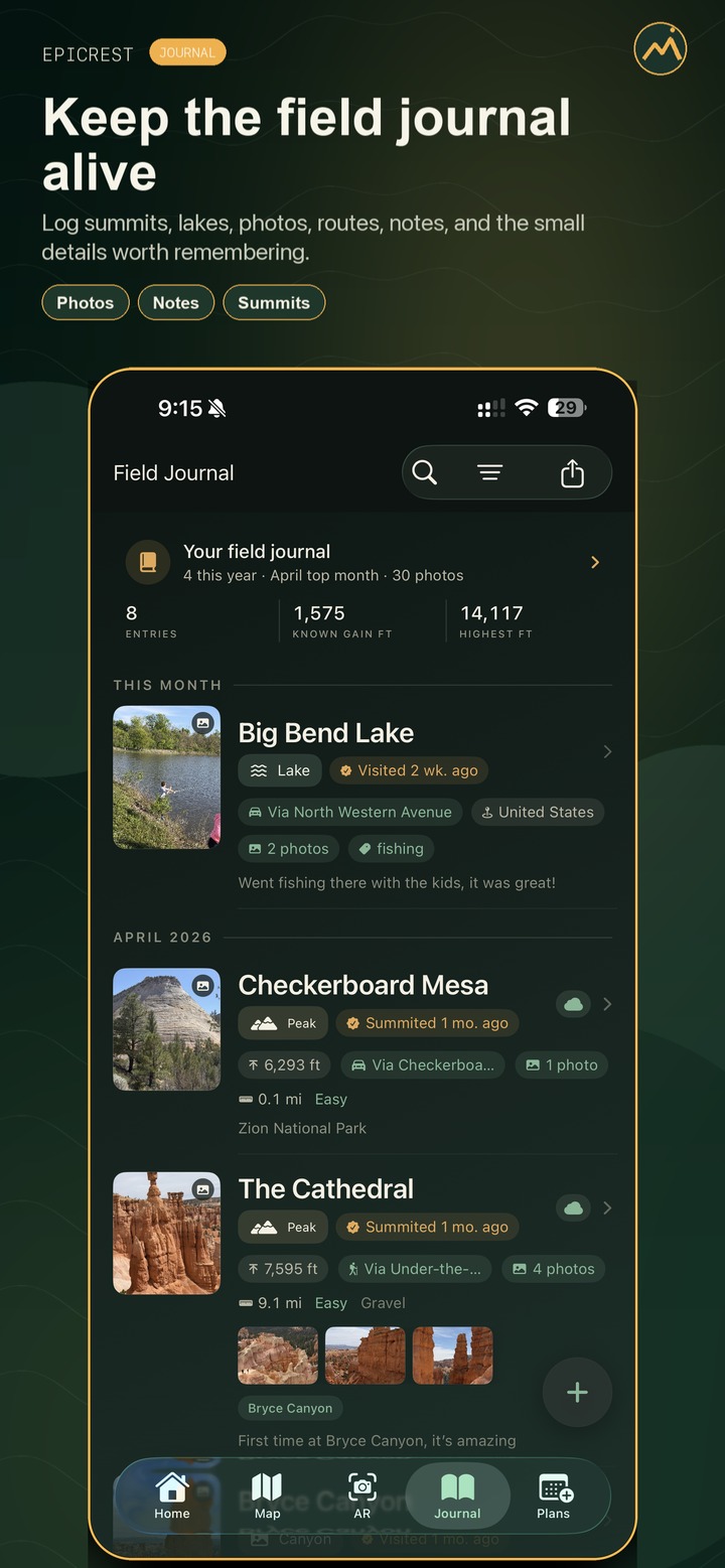 Epicrest private Field Journal with visited places, notes, photos, and routes