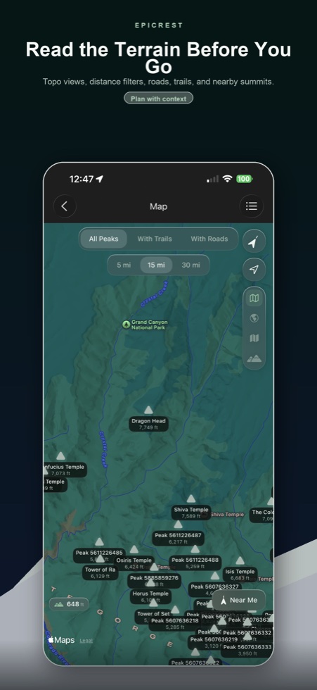 Epicrest terrain map with nearby mountain peaks